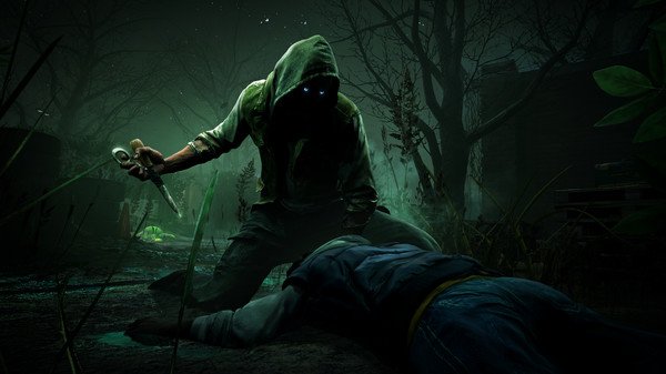 A shadowy slasher crouched over a victim in a forest, inspired by Frightening Icons horror aesthetics.