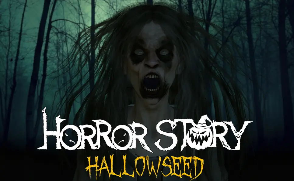 Horror Story Hallowseed game cover featuring a possessed woman in a haunted forest setting