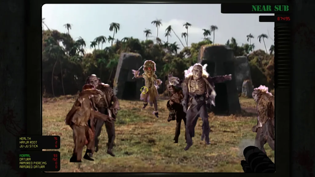 Screenshot from the 1994 Sega CD zombie shooter Corpse Killer showing tropical island FMV zombies approaching the player